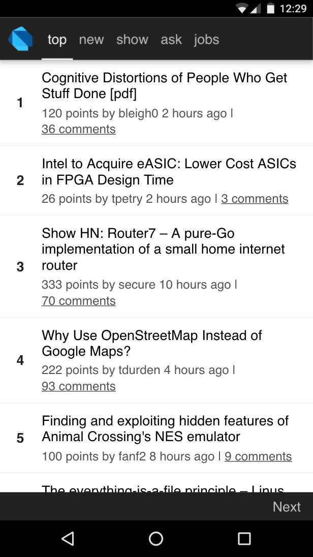 AngularDart HNPWA HN PWA running on a mobile phone